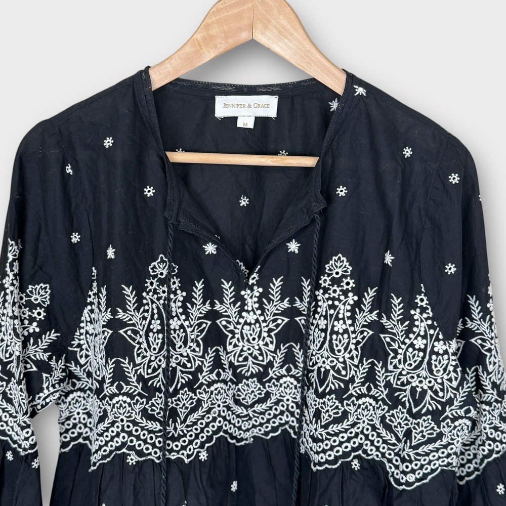 Jennifer &‎ Grace Embroidered Tassel Tie Blouse Black White Boho Peasant Top M - Picture 6 of 10